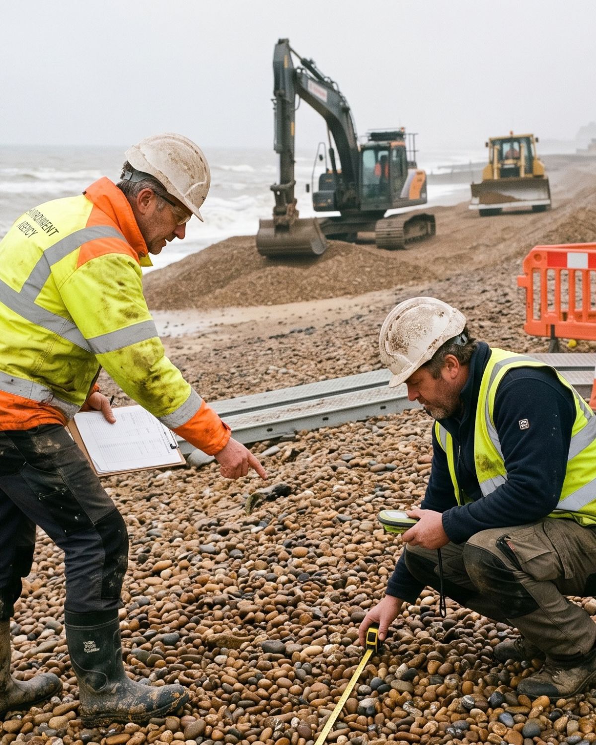 Two engineers in hard hats measuring a shingle beach, with an excavator and the sea behind them.